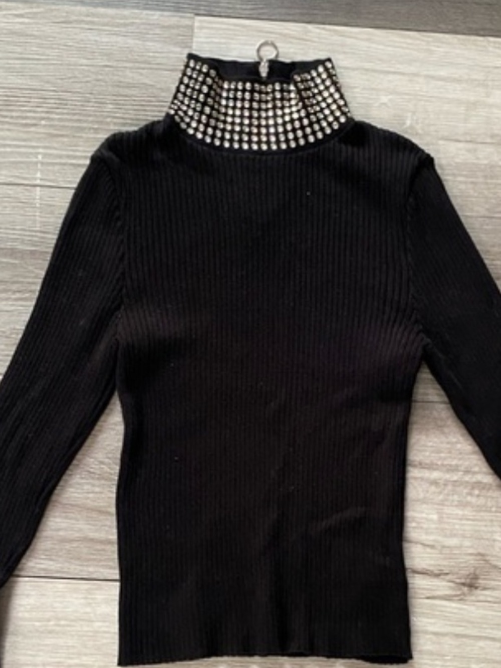 Boston Proper Body Hugging Black Ribbed Turtleneck Sweater, Silver Stud Collar